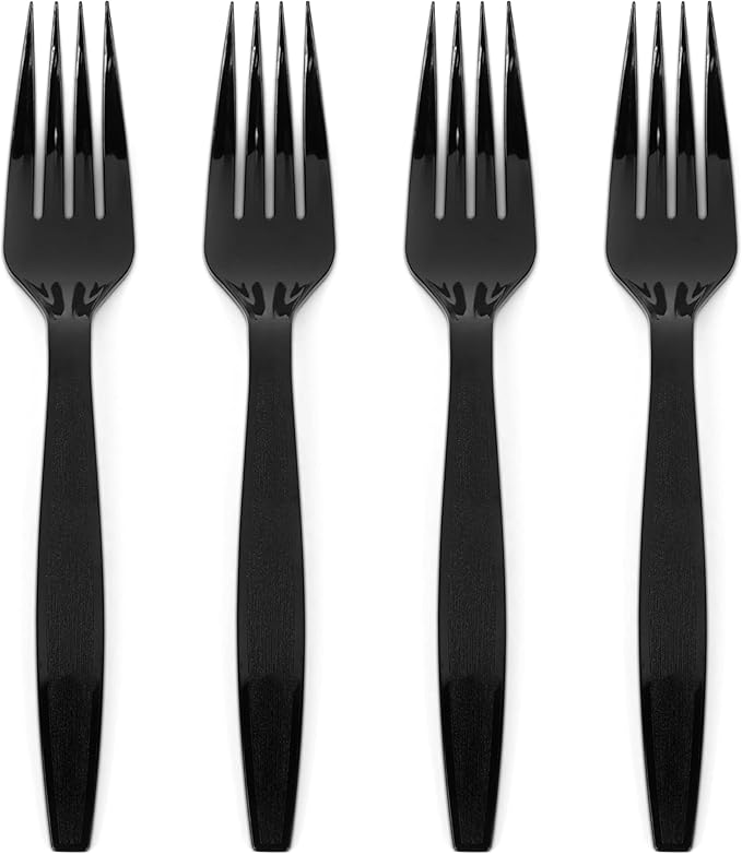 Prestee 100 Black Plastic Forks Heavy-Duty, Heavyweight Plastic Silverware Forks, Fancy Cutlery, Elegant Disposable Forks Pack, Bulk Disposable Flatware, Christmas Holiday Plastic Utensils Set
