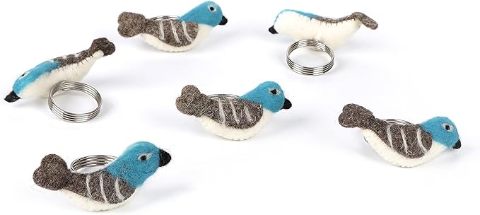 Wool Felt Napkin Ring Set of 8 - Bird Napkin Holder for Dining Table with Silver Electroplated Metal Base - Perfect for Spring, Holiday Parties, Rustic Event (White Blue Grey Black) - CLEENTABLE