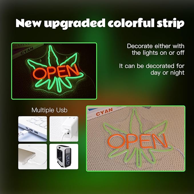 Ineonlife Green Leaves Open Neon Sign USB Dimmable Neon Signs for Wall Decor Psychedelic Led Light for Bar Club Cafe Shop Parties Window Decorations Adjustable Art Green Leaves Light
