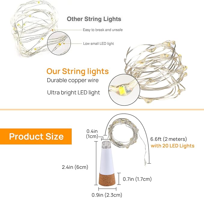 Wine Bottle Lights with Cork Switch for Liquor Bottles 4 Pack Rechargeable Battery Operated 20 Led Bottle Stopper Warm String Fairy Lights Indoor Christmas Wedding Halloween Decorations