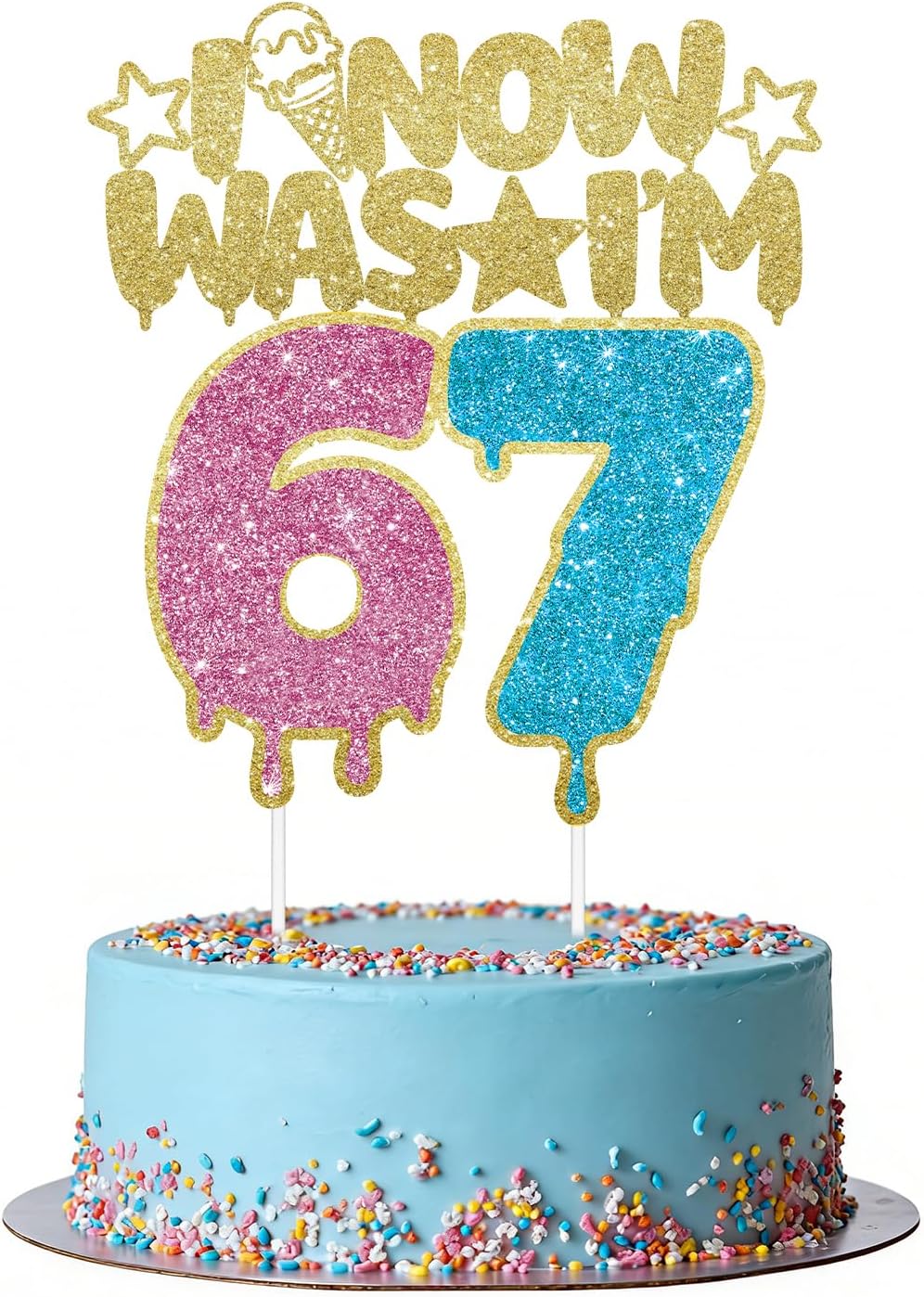 I WAS 6 NOW I'M 7 Cake Topper, 6 7 Birthday Decorations Cake Decor for Boy Girl 7 Years Old, Pink+Blue