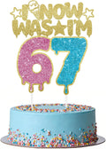 I WAS 6 NOW I'M 7 Cake Topper, 6 7 Birthday Decorations Cake Decor for Boy Girl 7 Years Old, Pink+Blue