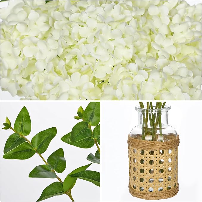 Hollyone White Hydrangea Artificial Flowers in Woven Glass Vase with Faux Water Silk Hydrangeas Fake Flowers Floral Arrangement for Home Indoor Bathroom Kitchen Office Table Centerpiece Shelf Decor