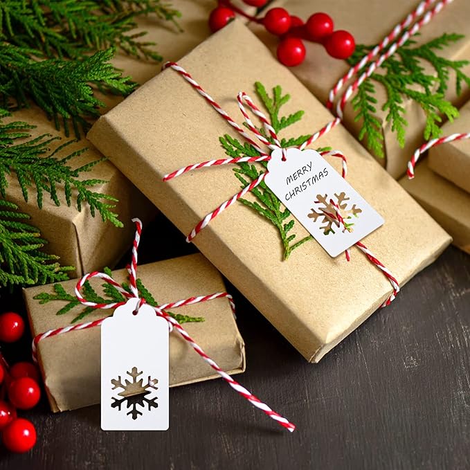 jijAcraft Christmas Gift Tags - 100Pcs Christmas Tags with String, Blank Xmas Name Labels, White Paper Hollow Trees, Rudolph, Snowflake Shapes Holiday Labels for Xmas Party Favors, DIY Crafts, Jar