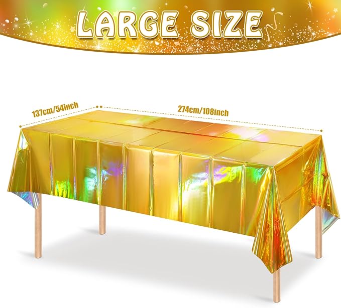 8 Pack Gold Iridescent Plastic Tablecloths Shiny Disposable Laser Rectangle Table Covers Holographic Foil Tablecloth Iridescent Party Decorations Birthday Bridal Wedding Christmas, 54 x 108 Inch