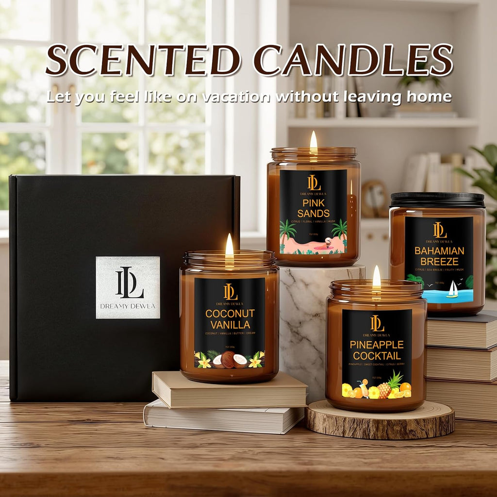Scented Candles Set, 4 Pack Soy Candles for Home Scented, Candle Gifts for Men Women, Scents of Pineapple Cocktail/Coconut Vanilla/Pink Sands/Bahamian Breeze