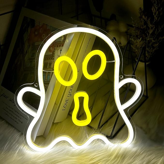 Halloween White Ghost Neon Sign Halloween, USB Halloween Neon LED Light for Wall Decor, White Ghost Halloween Sign Decorations for Home Bar Salon Coffee Stores Porch Front Door