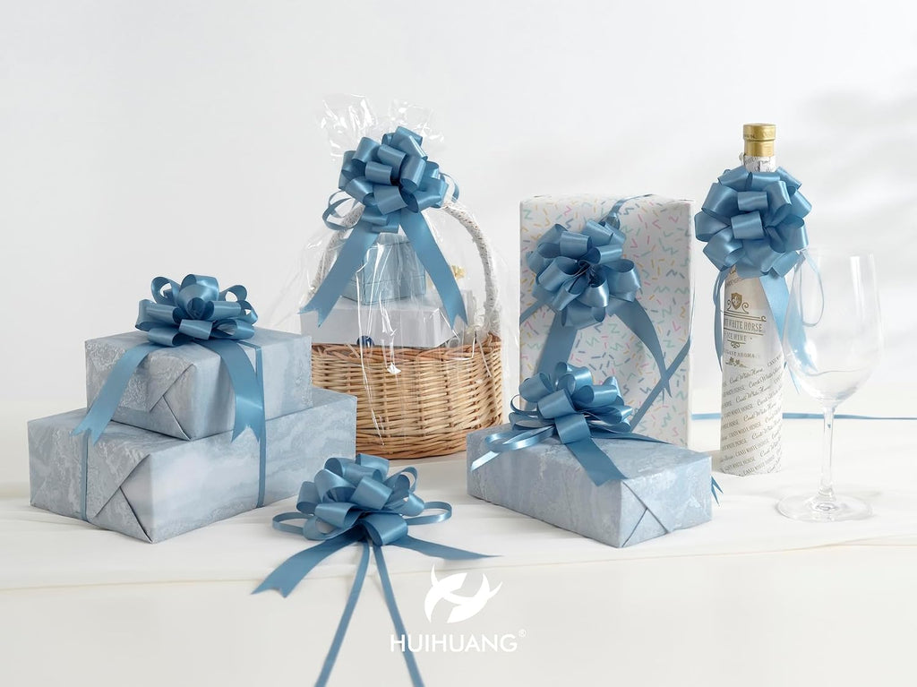 HUIHUANG Dusty Blue Pull Bows 4"x8" Blue Satin Gift Bow for Gift Wrapping, Presents, Gift Basket, Paper Bag, Baby Shower Favors, Wrapping Accessories, Wedding Bridal Shower Decor, 12 PCS