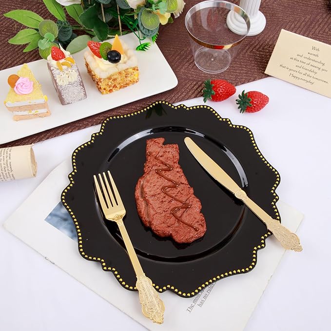 COLOSUS 175PCS Black Dinnerware set with Disposable Silverware for 25guests, Include 50 Dinner Plates 10.25”, 50 Dessert Plates 8.5”, 50 Cups 9 OZ, 50 Napkins,50 Plastic Silverware for Halloween Party