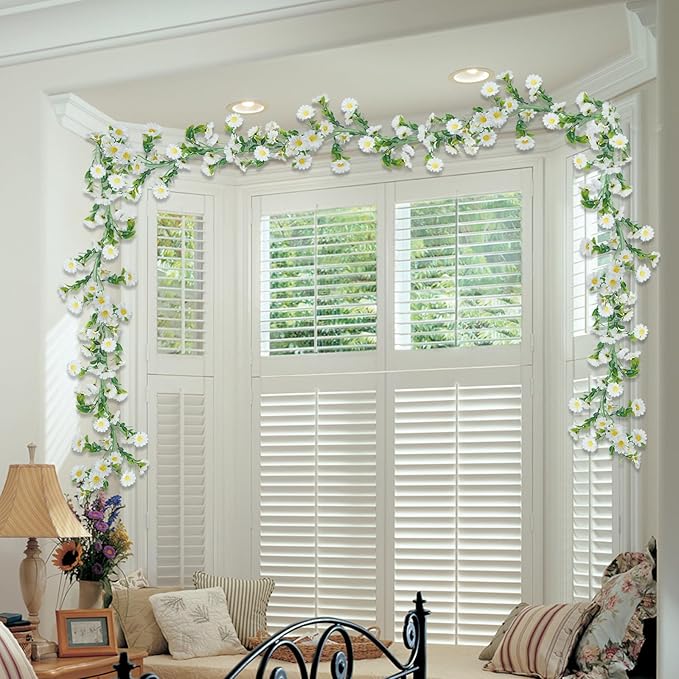2 Pack White Flower Garland Artificial Daisy Silk Wildflower Hanging Flowers Fake Floral Vines Garland for Table Decoration Backdrop Wall Home Party Wedding Indoor Outdoor DIY Cemetery Decor