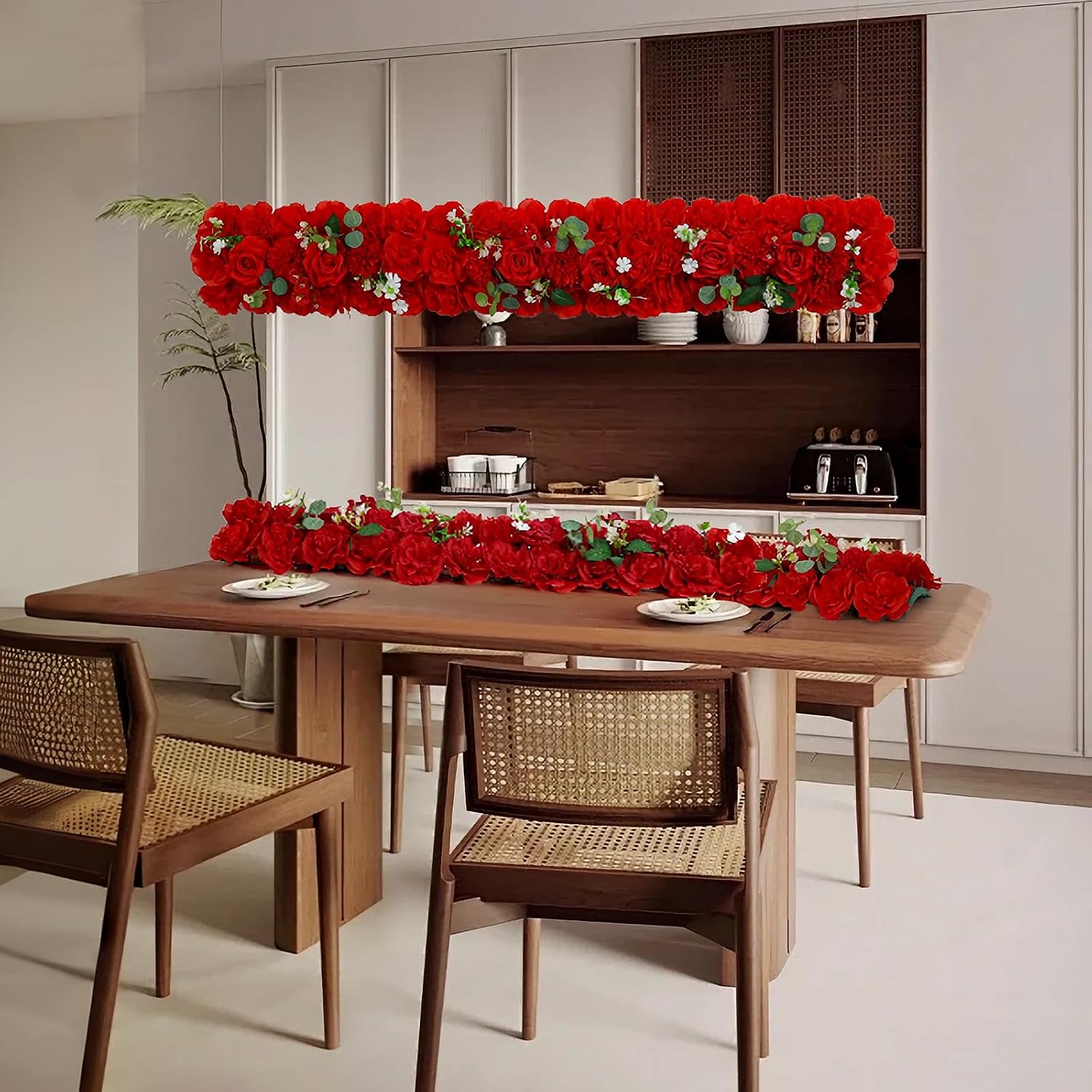 Wedding Arch Flowers 12PCS Artificial Red Wedding Arch Flowers, Faux Floral Panels with Green Leaves, Realistic Flower Swags for Wedding Ceremony Backdrop, Party, Table & Home Decor