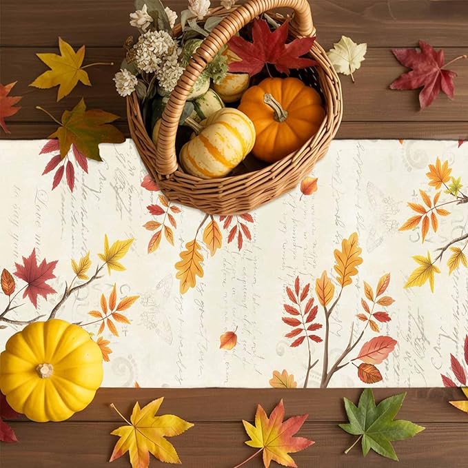 Thanksgiving Fall Cotton Linen Table Runner for Dining Kitchen, Blue Pumpkins Rustic Wedding Outdoor Party Autumn Tablerunners Decoration, Leaves Dresser Scarf Coffee Tablecloth Runners 13x36 Inches