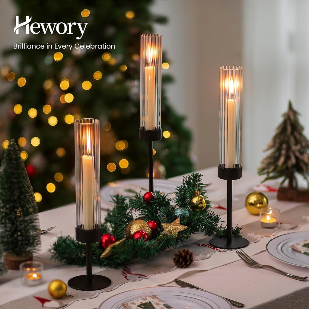 Hewory Black Taper Candle Holders: Candlestick Holders Set of 3 Hurricane Glass Tall Candle Holder for Candlesticks Candle Sticks Holder Decor for Table Centerpiece Wedding Party Christmas Decorations