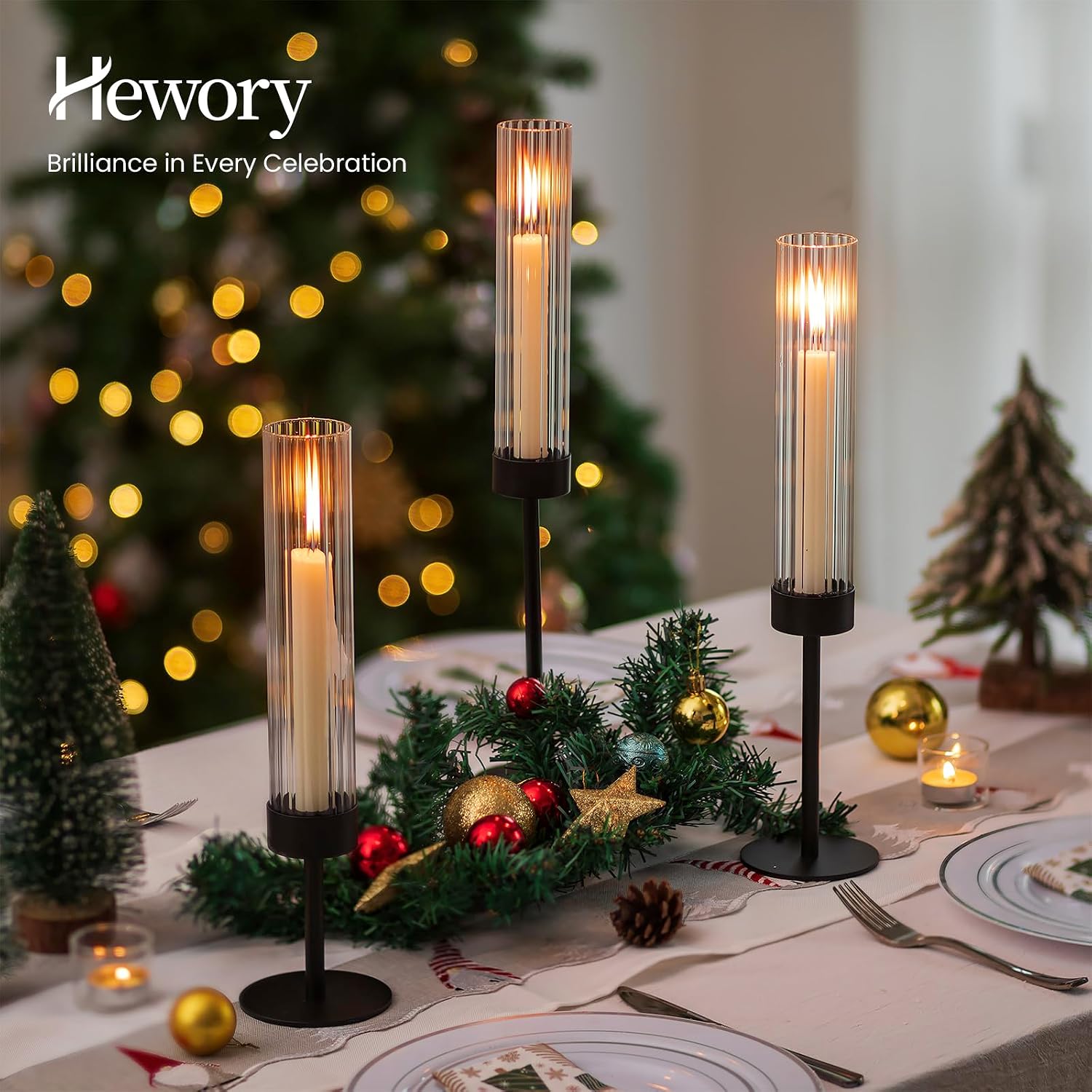 Hewory Black Taper Candle Holders: Candlestick Holders Set of 3 Hurricane Glass Tall Candle Holder for Candlesticks Candle Sticks Holder Decor for Table Centerpiece Wedding Party Christmas Decorations