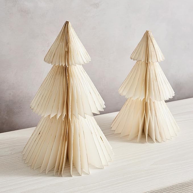 LampLust White Honeycomb Paper Trees, 2 Pack, 10 & 12 Inch, Winter Ornaments, Winter Decorations for Home and Mantel Decor, Winter Wonderland Decorations