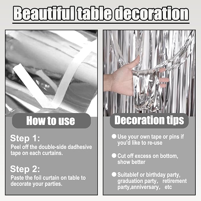 3 Pack 29 x108 Inch Silver Foil Fringe Table Skirts Metallic Banner for Tinsel Streamer Garland Backdrop for Parade Floats Wedding Thanksgiving Birthday Christmas Halloween New Year Party Decoration