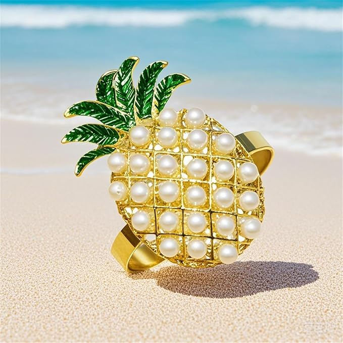 Napkin Rings Set of 8 Pearl Pineapple Napkin Rings for Napkins,Gold Napkin Holders for Cloth Napkins,Summer Napkin Ring for Farmhouse Dining Table Decor,Rustic Fruit Napkin Ring Holders