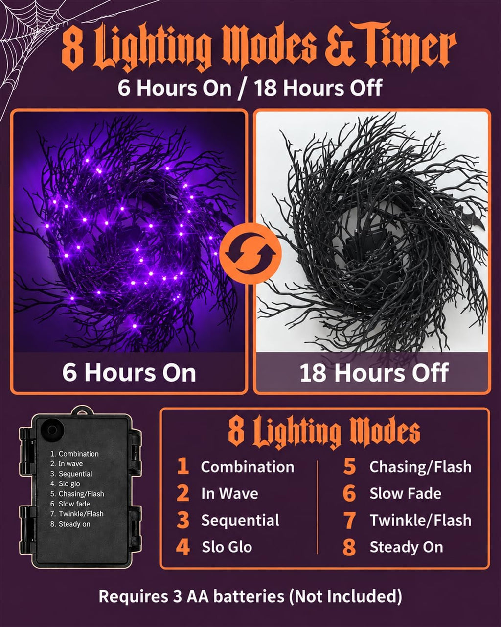 halloween twig garland decoration with 45 purple led showing dimensions