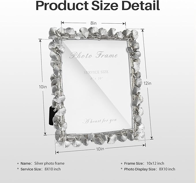 Cuspin Silver 8x10 Picture Frame, Vintage Silver Ornate Leaf Textured Hand-Crafted Resin with Glass Front Antique Photo Frame for Tabletop Display, Retro Design Home Decor