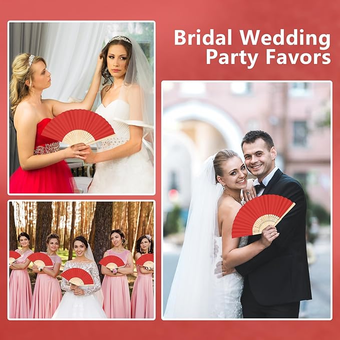 50Set Wedding Hand Fans Party Favors Red Paper Folding Handheld Fans Bulk, DIY Bamboo Fans with Thank Tag Organza Bag for Guests Bridal Dancing Props Church Decoation