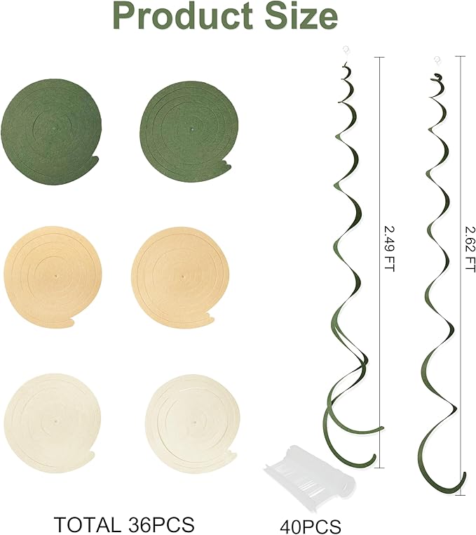 36Pcs Sage Green Hanging Swirl Decoration Olive Green Tan Brown Cream Neutral Felt Swirl Streamer Spiral Ceiling Garland for Greenery Safari Jungle Woodland Birthday Baby Shower Wedding Party Supplies