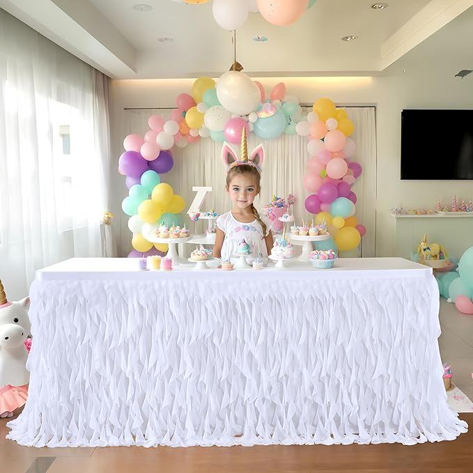 Partisky White Tulle Curly Willow Table Skirt for Rectangle Table 14ft, Ruffle Tutu Table Cloth for Wedding,Bridal Shower, Baby Shower,Birthday Party