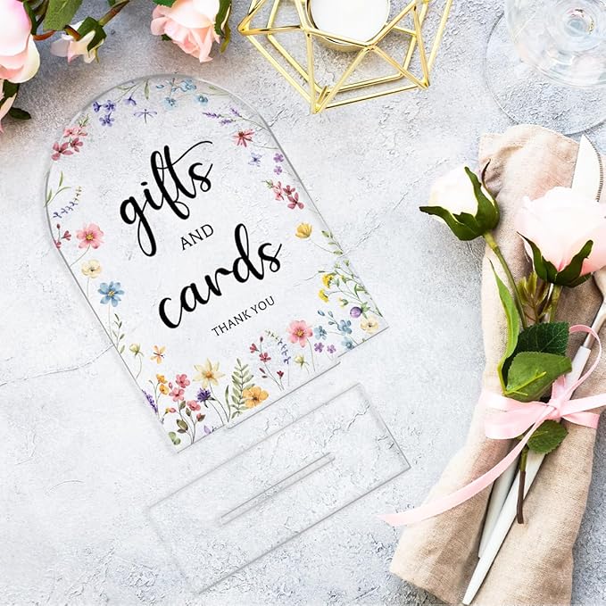 Cards And Gifts Sign, Arch Acrylic Wedding Sign, 5x7 Inch, Wedding Sign Decoration for Wedding Reception & Event Party Table, Bridal Shower Baby Shower Favors for Guests (Flower)