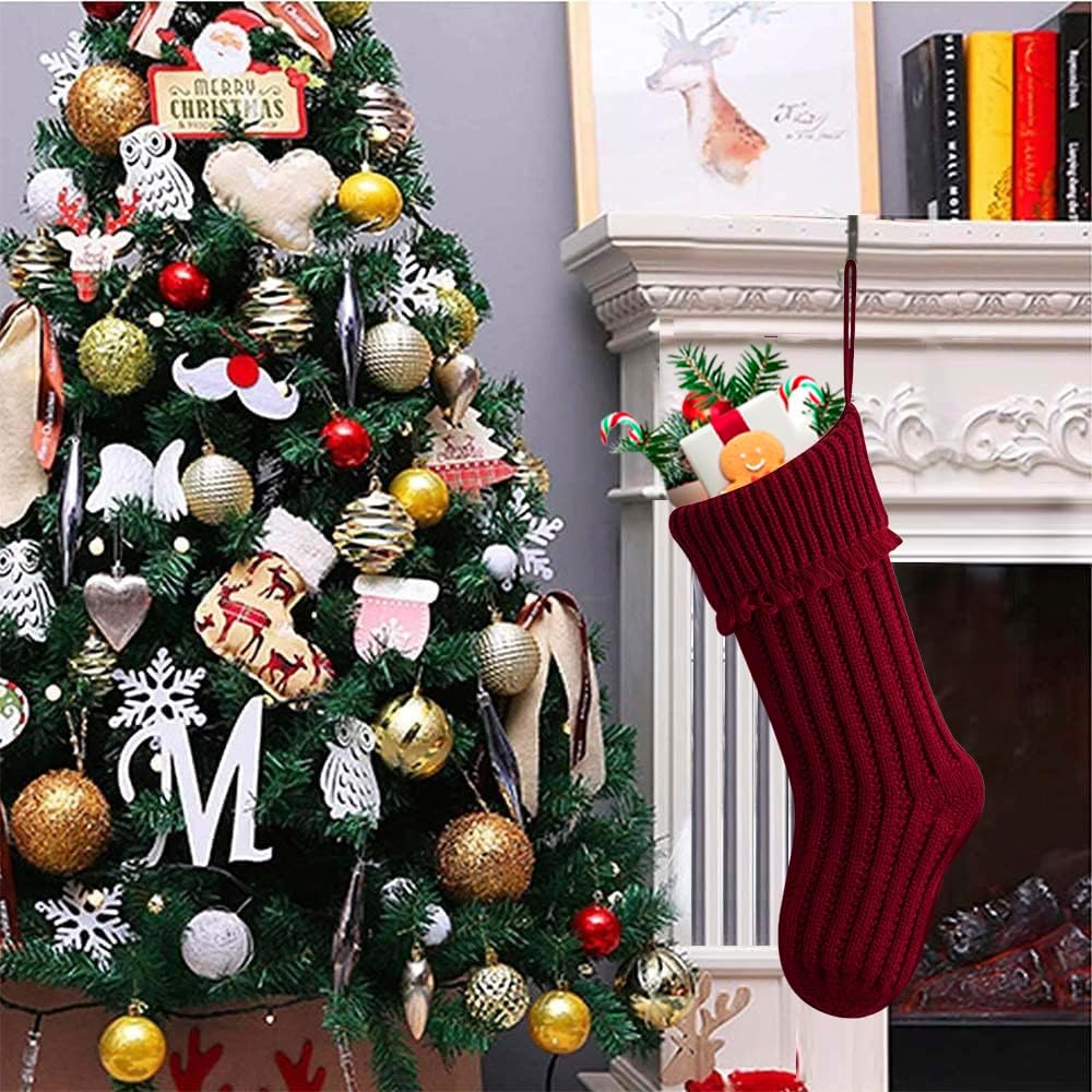 4 Pack Knit Christmas Stockings, 18 In Large Cable Knitted Xmas Stocking for Holiday Christmas Party Family Décor, Burgundy