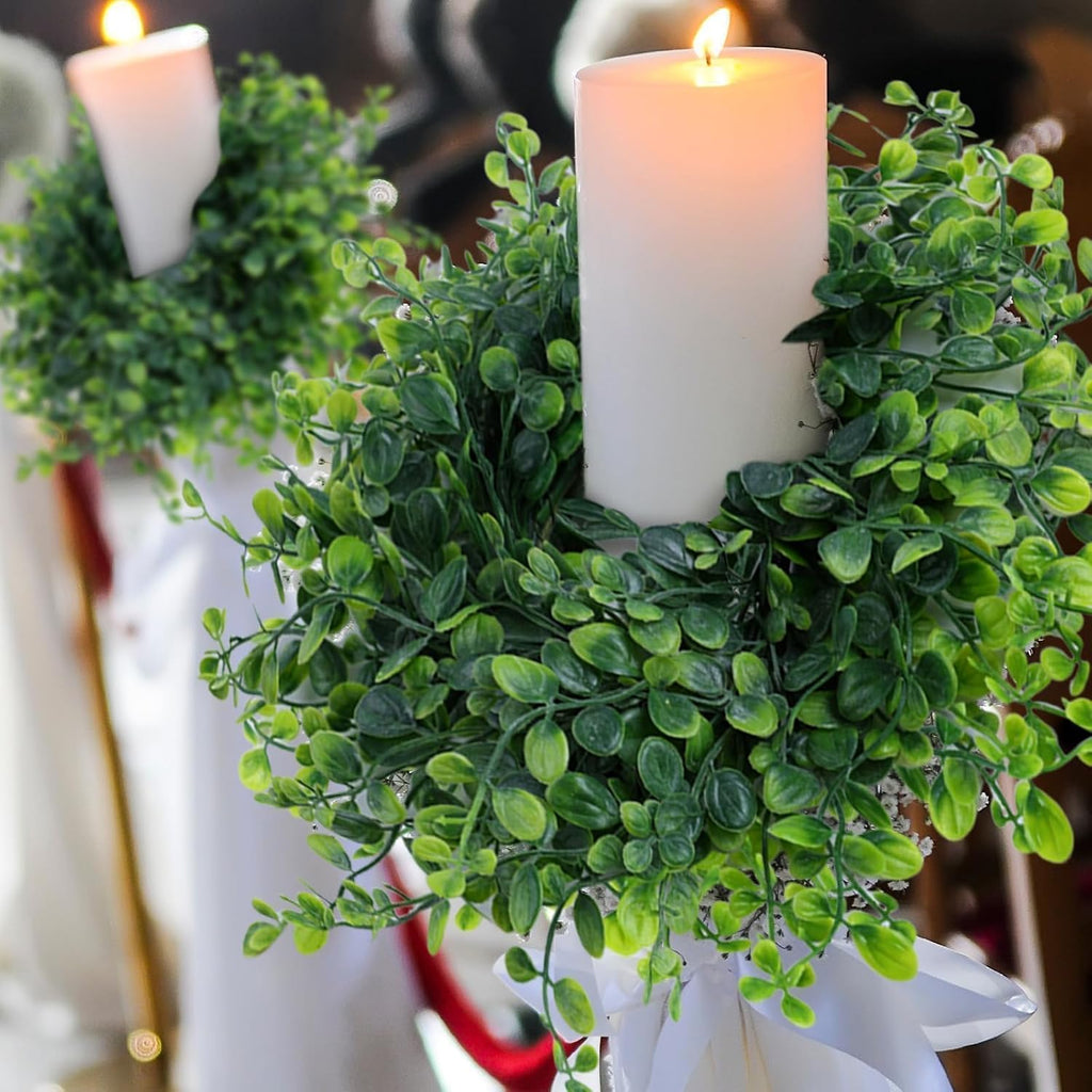 Mini Green Boxwood Candle Rings Wreaths Spring Summer Kitchen Cabinet Swags Wreath 3 Inch Wedding Rings Wreaths Pillar Candle Holder for Wedding Home Door Tabletop Decor (4, Green Boxwood)