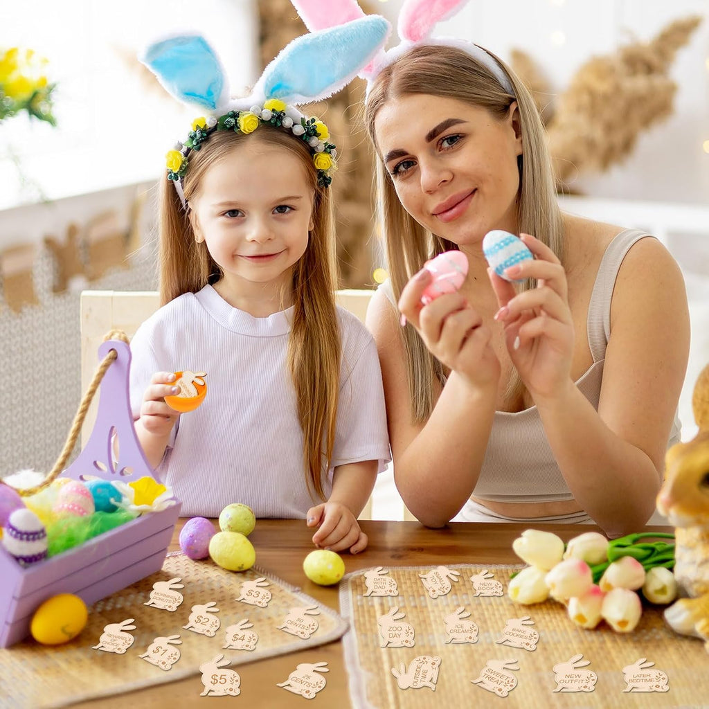 Easter Egg Fillers,30 Pack Wooden Easter Egg Tokens for Kids,Easter Basket Stuffers,Easter Reward Tokens with 30 Different Engraved Sayings,Easter Eggs Filled Activity for Kids Teens Girls Boys(Bunny)
