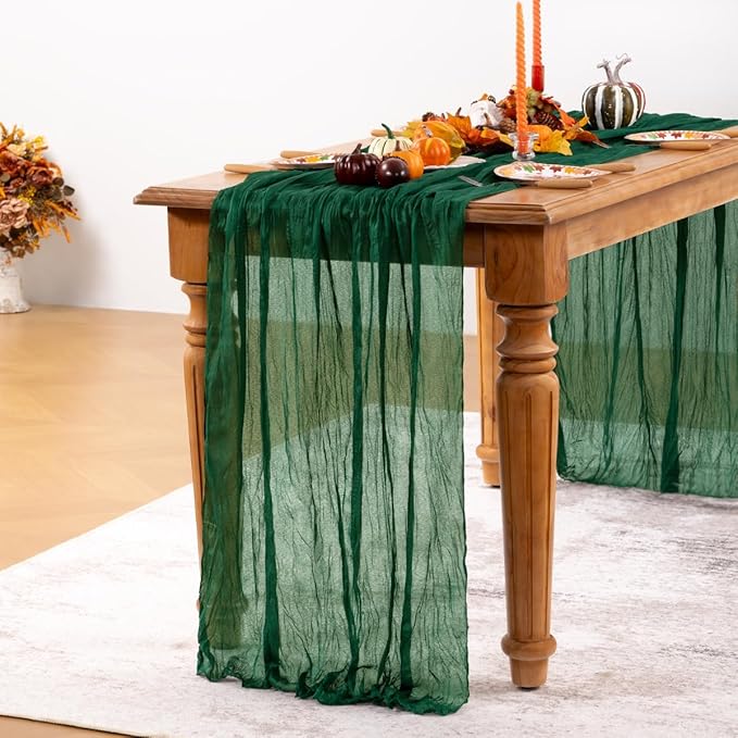 Emerald Green Cheesecloth Table Runner 6 Pack Fall Table Runners Boho Gauze 120 Inches Green Cheese Cloth Fall Table Decorations for Thanksgiving Wedding Bridal Baby Shower Tea Party