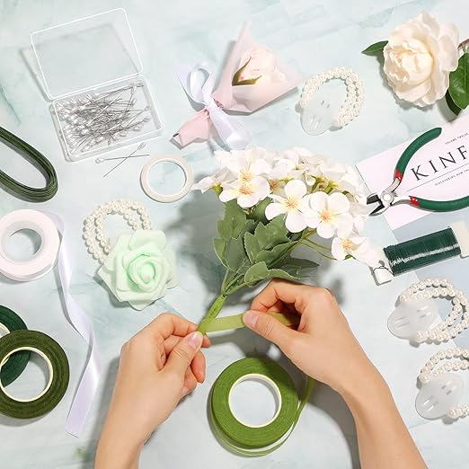 PAXCOO Floral Tape and Floral Wire Arrangement Tool Kit with Green Floral Tape, Floral Wire, Boutonniere Flower pin, Wire Cutter, White Ribbon and Elastic Pearl Wrist Corsage Bands for Bouquets