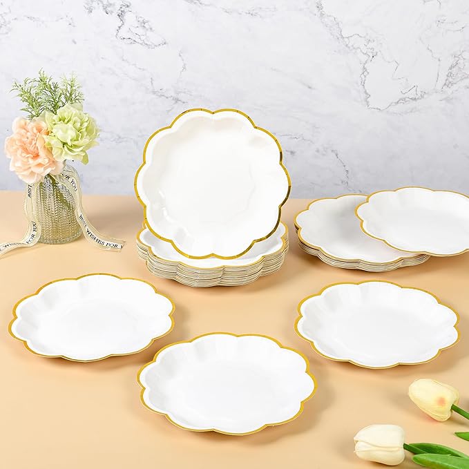 White Golden Party Plates Gold Foil Dessert Paper Plate 7inch Scalloped Edge Disposable Cake Plates for Tea Party Birthday Bridal Baby Shower Wedding Party Supplies (48, White)