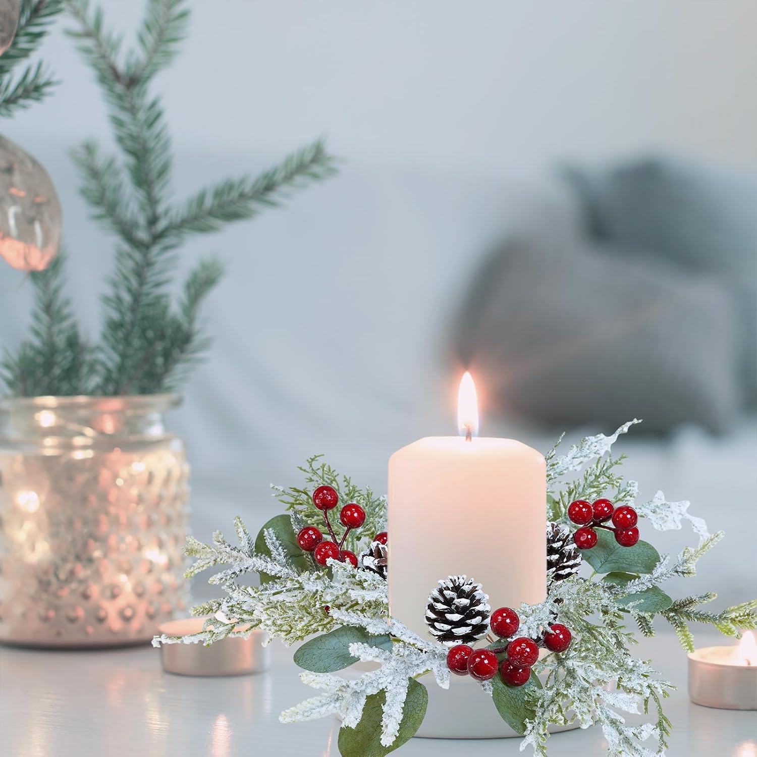 Winlyn 4 Pcs Artificial Eucalyptus and Snowy Cedar Candle Rings Christmas Candle Holder Rings Mini Window Wreaths 12.2" Wide with Red Berries Pine Cones for Holiday Winter Wedding Seasonal Decoration