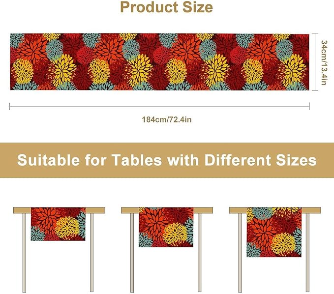 Red Yellow Dahlia Table Runner, Seasonal Autumn Thanksgiving Pattern Print for Home Kitchen Table Decor Dining Coffee Room Party Decor 13x36 Inch