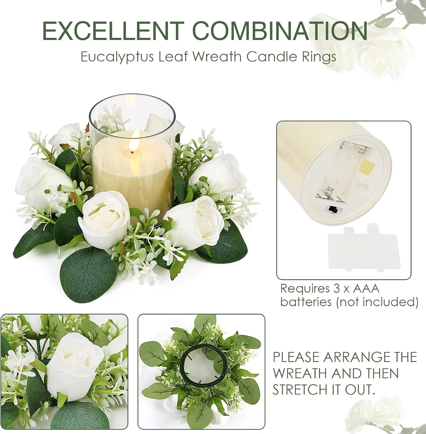 White Rose Candle Rings with Flameless Candles Sets - 12PCS Artificial Flower Eucalyptus Wedding Centerpiece 3 Inch Pillar Candleholders Wreaths for Wedding Party Decor (White - 6 Sets)