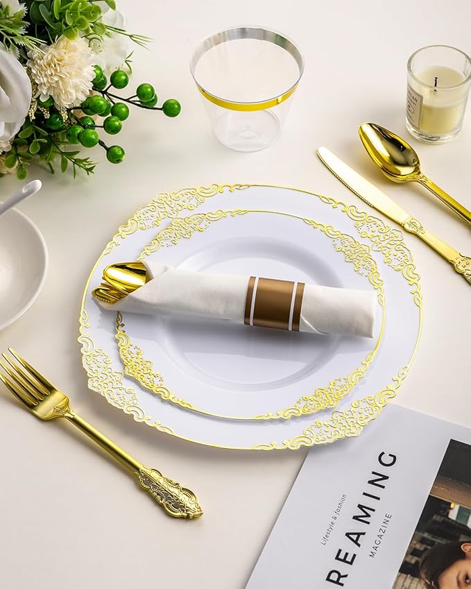 Goodluck 350 Piece Gold Plastic Dinnerware Set for 50 Guests, Fancy Disposable Plates, Include: 100 Gold Rim Plastic Plates, 150 Silverwares, 50 Pre Rolled Napkins, 50 Cups for Party, Wedding