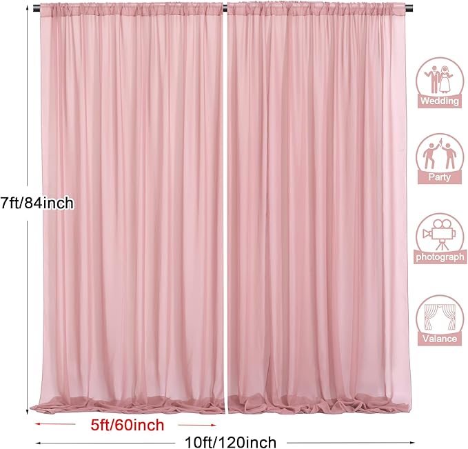 PARTISKY 10x7ft Dusty Rose Chiffon Backdrop Curtains, Wrinkle-Free Sheer Fabric Photo Drapes for Wedding Ceremony Arch Birthday Baby Shower Photography Stage Decor 5X 7ft, 2 Panel