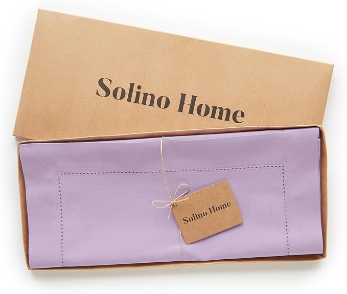 Solino Home Cotton Linen Table Runner 48 Inches - Lavender Ice Hemstitch Table Runner 14 x 48 Inch Ideal for Dresser and Coffee Tables