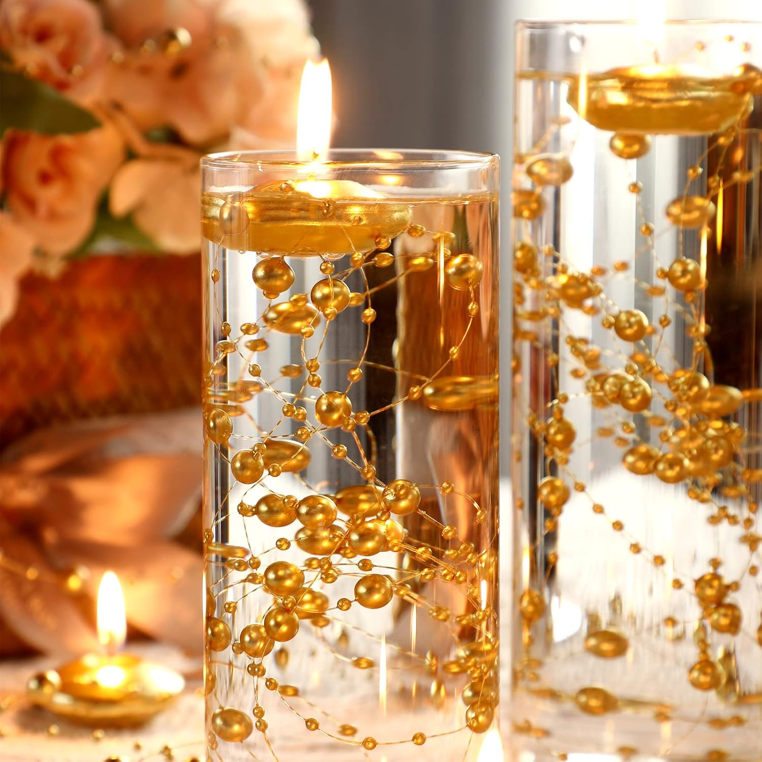 Fumete 40 Pcs Gold Floating Candle & Pearl String Set: 20 Unscented Wax Tealights (1.5") & 20 Faux Pearl Chains (4.4ft), Elegant Vase Filler for Wedding Centerpiece, Bridal Shower & Gala Dinners Decor