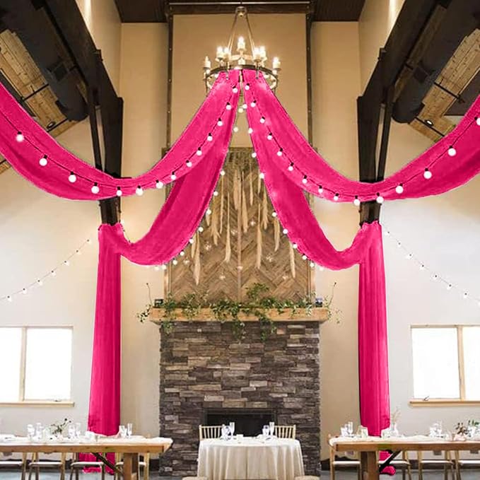 MODFUNS Hot Pink Ceiling Drapes for Weddings 5x30ft 2 Panels Sheer Chiffon Ceiling Draping Fabric Fuchsia Sheer Draping Tulle Swag Curtain for Wedding Party Stage Prom Banquet Decoration