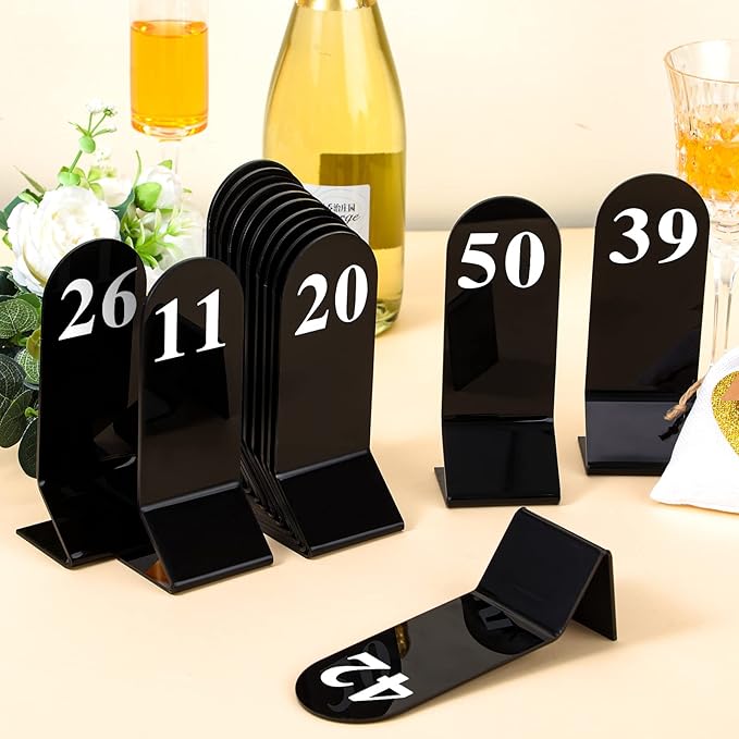 Remerry 50 Pcs Table Numbers 1-50 Acrylic Double Sided Number Cards Acrylic Tent Table Holders Tent Cards Wedding for Restaurant, 2.36 x 6.3 Inch (Black)