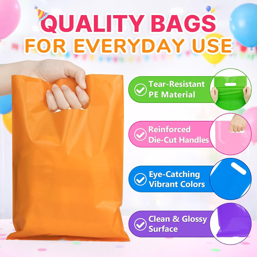 ANZNKU 50 PCS Multicolor Party Favor Gift Bags 8"x11", Goodie Bag Bulk for Candy Jewelry Treat Snack Craft, Small Reusable Plastic Party Bags with Handles for Kids Birthday, School & Festive Events