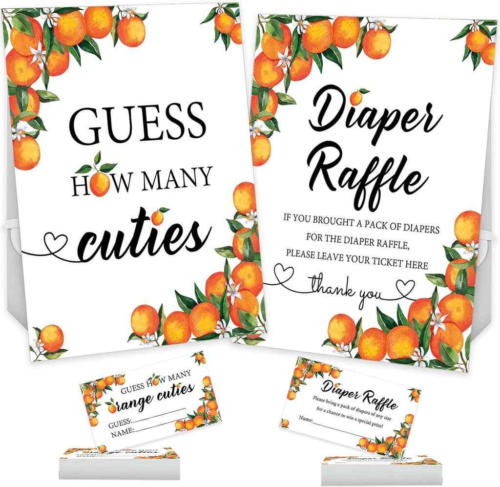 Senfaro 50 Little Cutie Orange Diaper Raffle Tickets and 1 Sign Baby Shower Games Orange Theme Guess How Many Cuties Sign with 50 Cards Baby Shower Candy Guessing Game