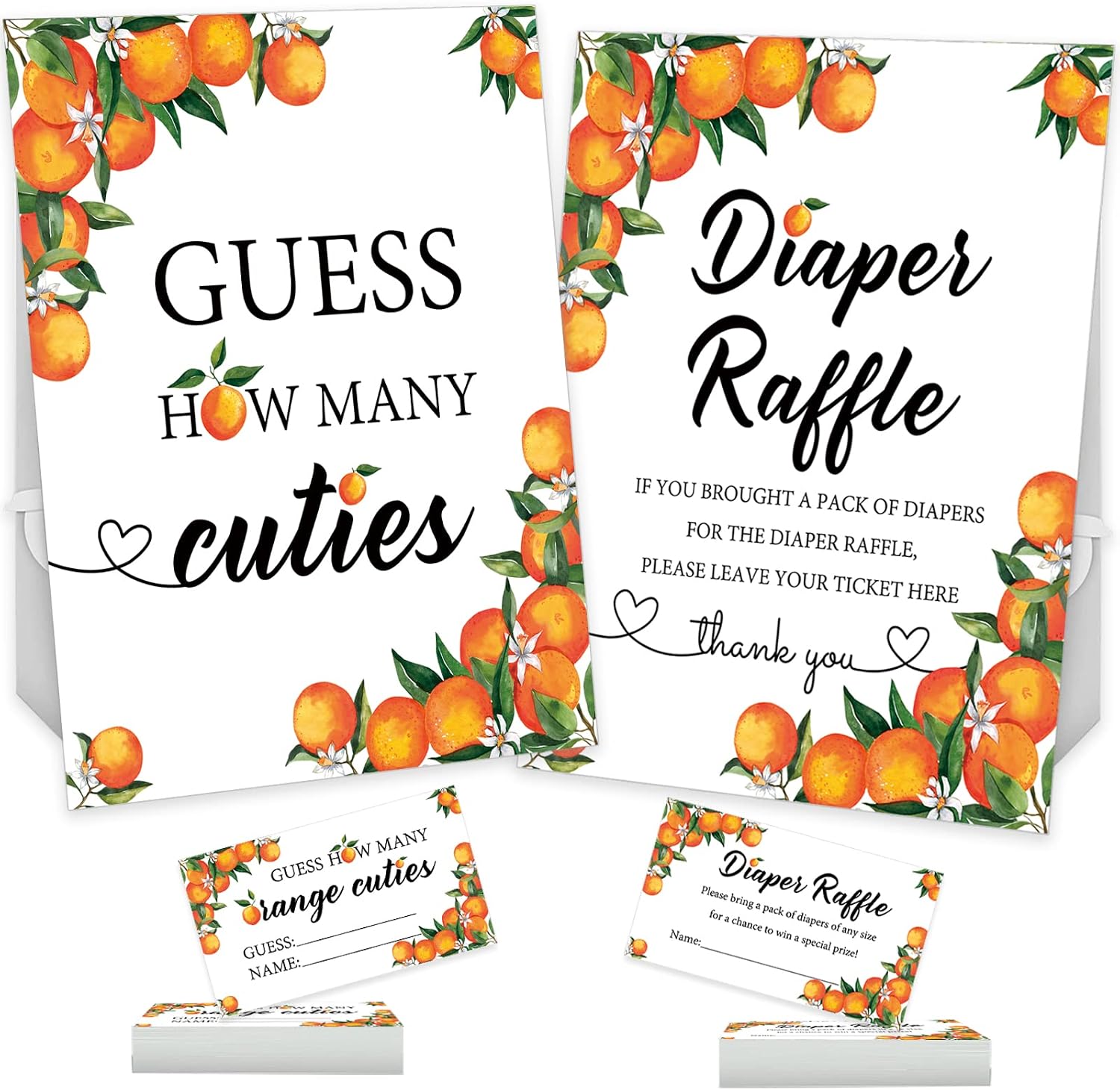 Senfaro 50 Little Cutie Orange Diaper Raffle Tickets and 1 Sign Baby Shower Games Orange Theme Guess How Many Cuties Sign with 50 Cards Baby Shower Candy Guessing Game