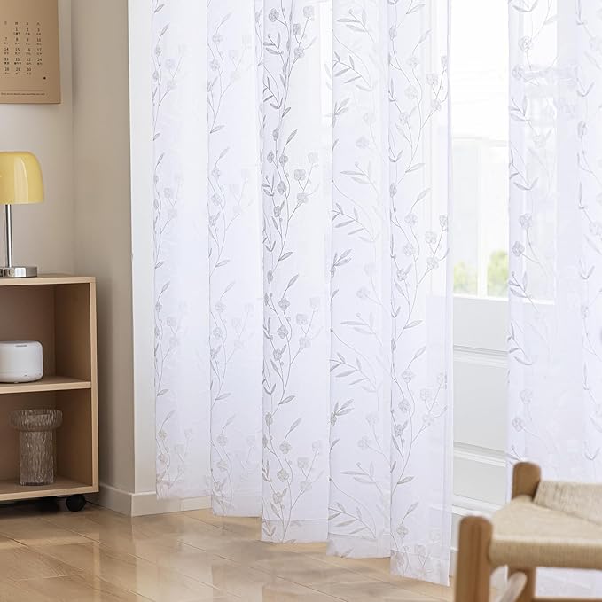 White Sheer Curtains Embroidery 72 Inch Length Rod Pocket Voile Drapes for Living room, Bedroom, Outdoor, Nursery Curtain Semi Flower Curtain Panels for Baby, Womaen, Garden, Lawn, Set of 2, 52"x 72".