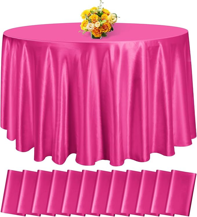 12 Pack 108 Inch Hot Pink Satin Tablecloth - Silky Round Tablecloth Overlay Smooth Fabric Table Cover, Bright Table Decoration for Wedding Party Banquet Events Restaurant Kitchen Dining