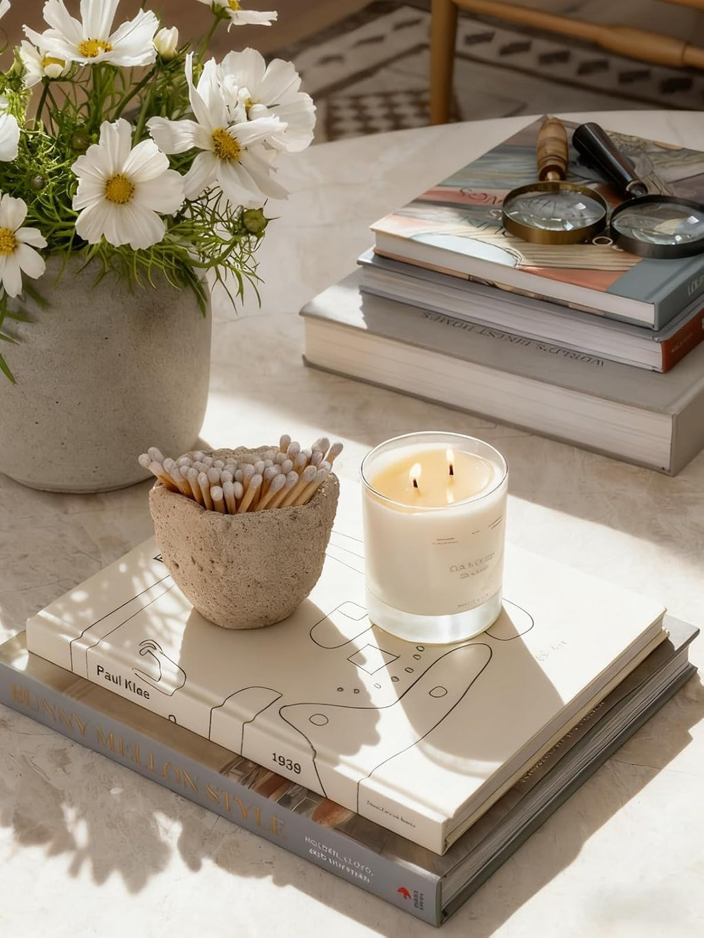 Concrete Match Holder with Striker & Extra Striker Pad,Beautiful Petal Shape Match in Jar for Cute/Fancy/Long Candle Matches,Parlor Cute Match Jar for Home Decor Gift, No Matches (Hexagon)