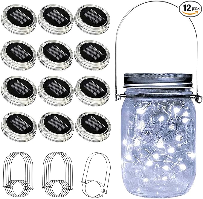 VOOKRY 12 Pack Solar Mason Jar Lights, 30 LED Mason Jar Lids Waterproof Firefly Fairy String Lights with 12 Hangers(No Jars), for Outdoor Patio Garden Yard Lawn Party Wedding Decoration - Cool White