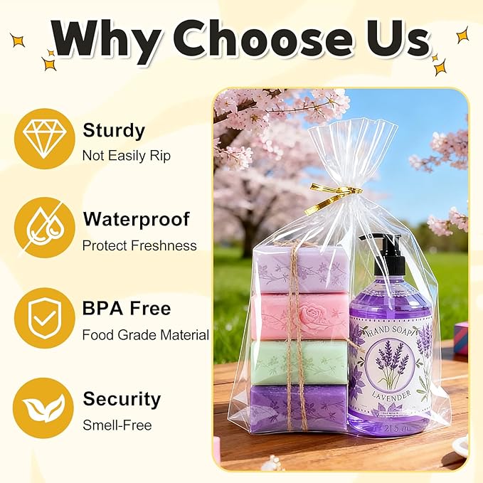 PigPotParty 12"x 16", 100Pcs Bottom Gusset Bags, Clear Plastic Cellophane Mug Treat Goodie Gift Bags with 100x Twist Ties, Large Party Favor Packaging, Toy Wrapping (No Side Gusset)